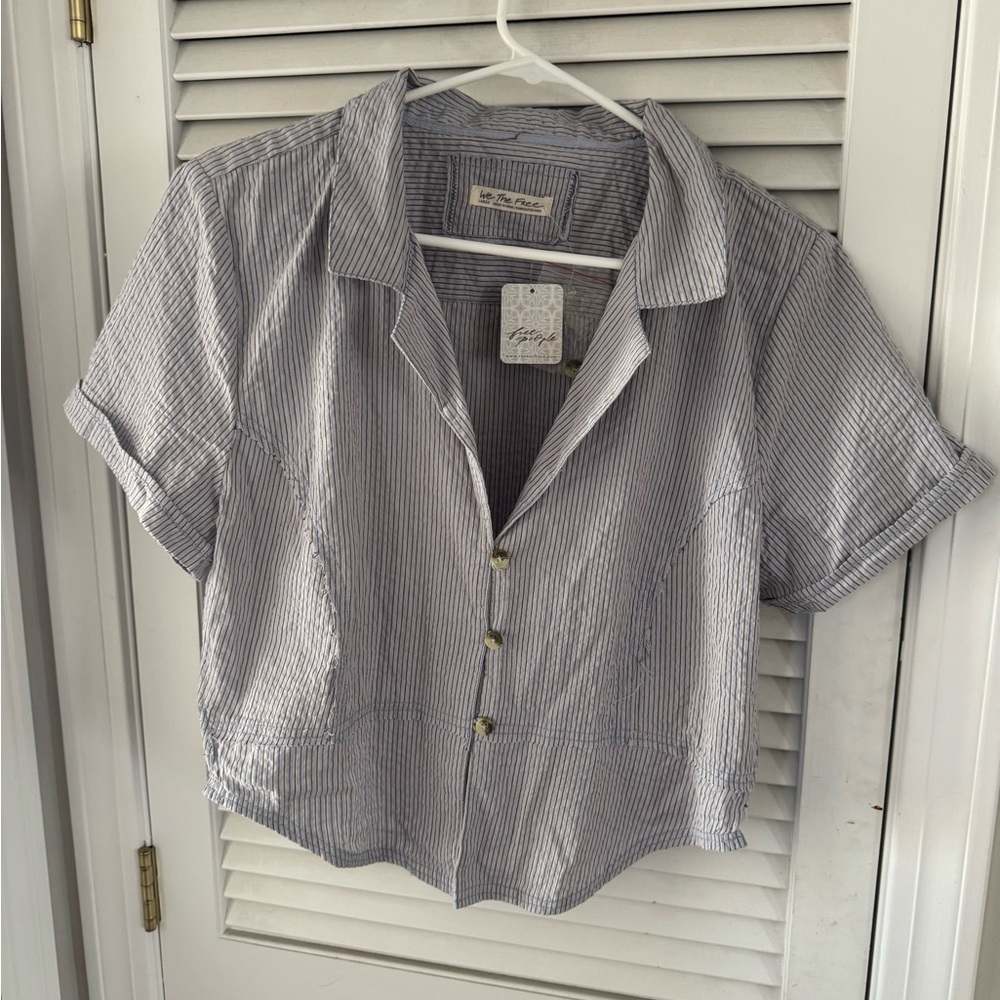 We The Free Blue Striped Cropped Collared Shirt